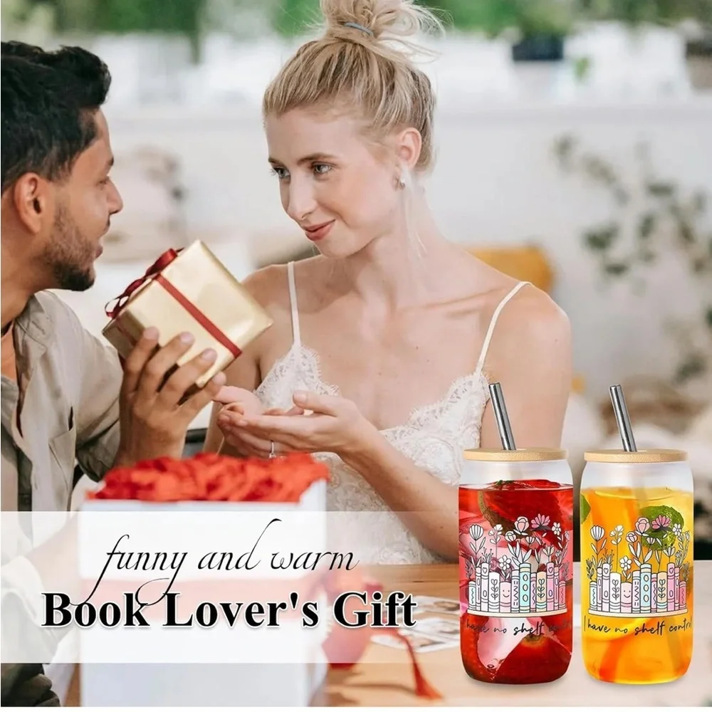 Book Lovers Gifts, 16 oz Glass Cups with Lid and Straw - NEW IN BOX.